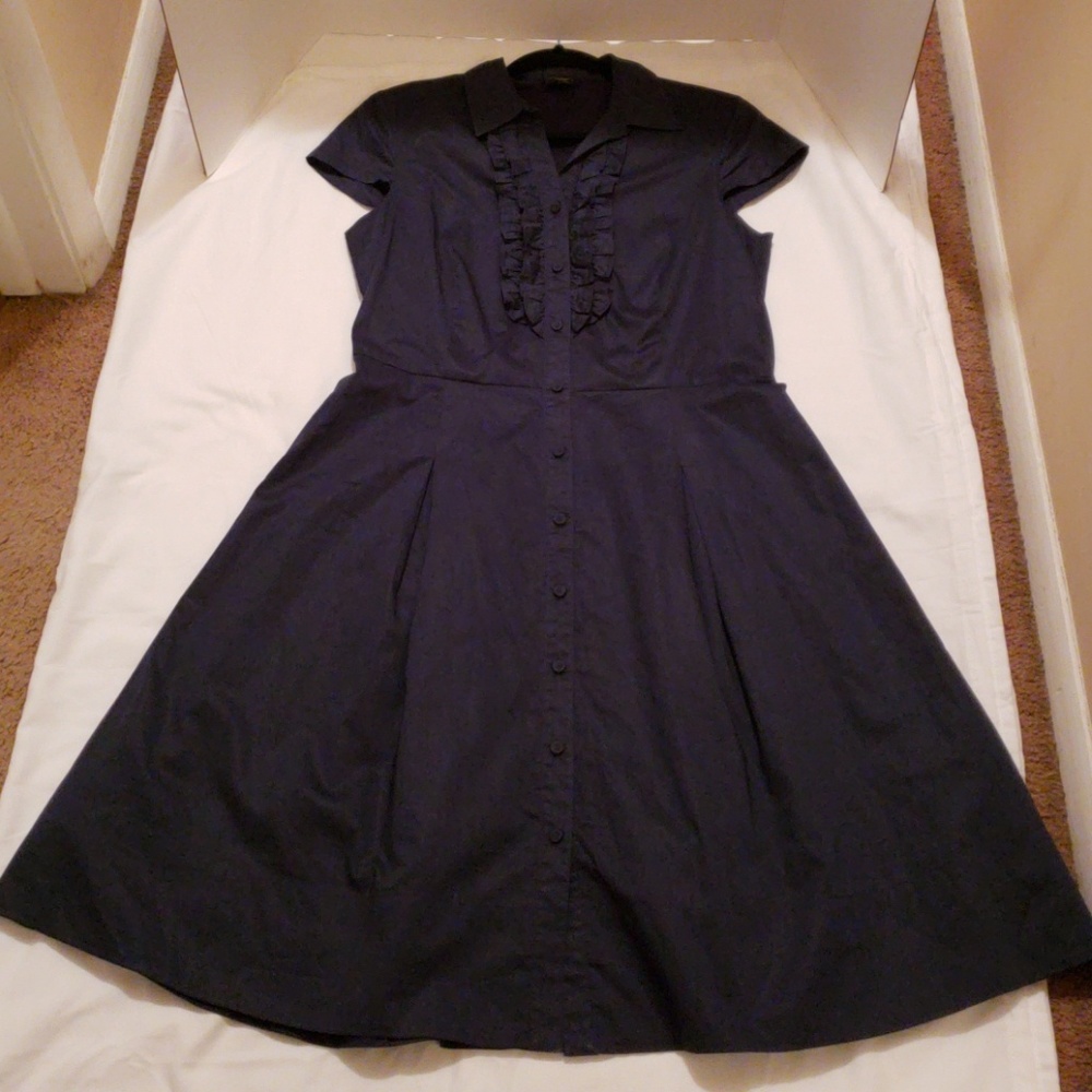 Talbots Navy Blue Ruffled Pleated Shirt Dress